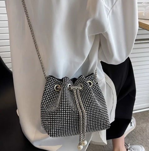 Bright Rhinestone Drawstring Bucket Shoulder Bag