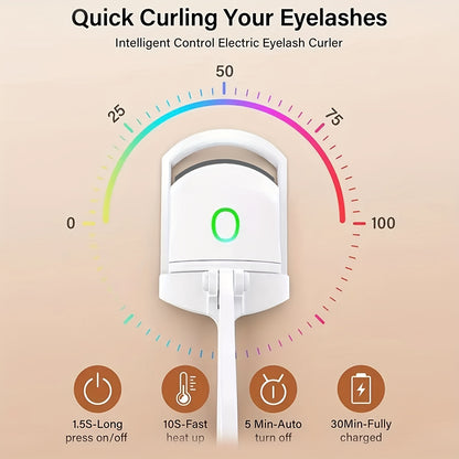 Electric eyelash curler with control dial and feature icons. 