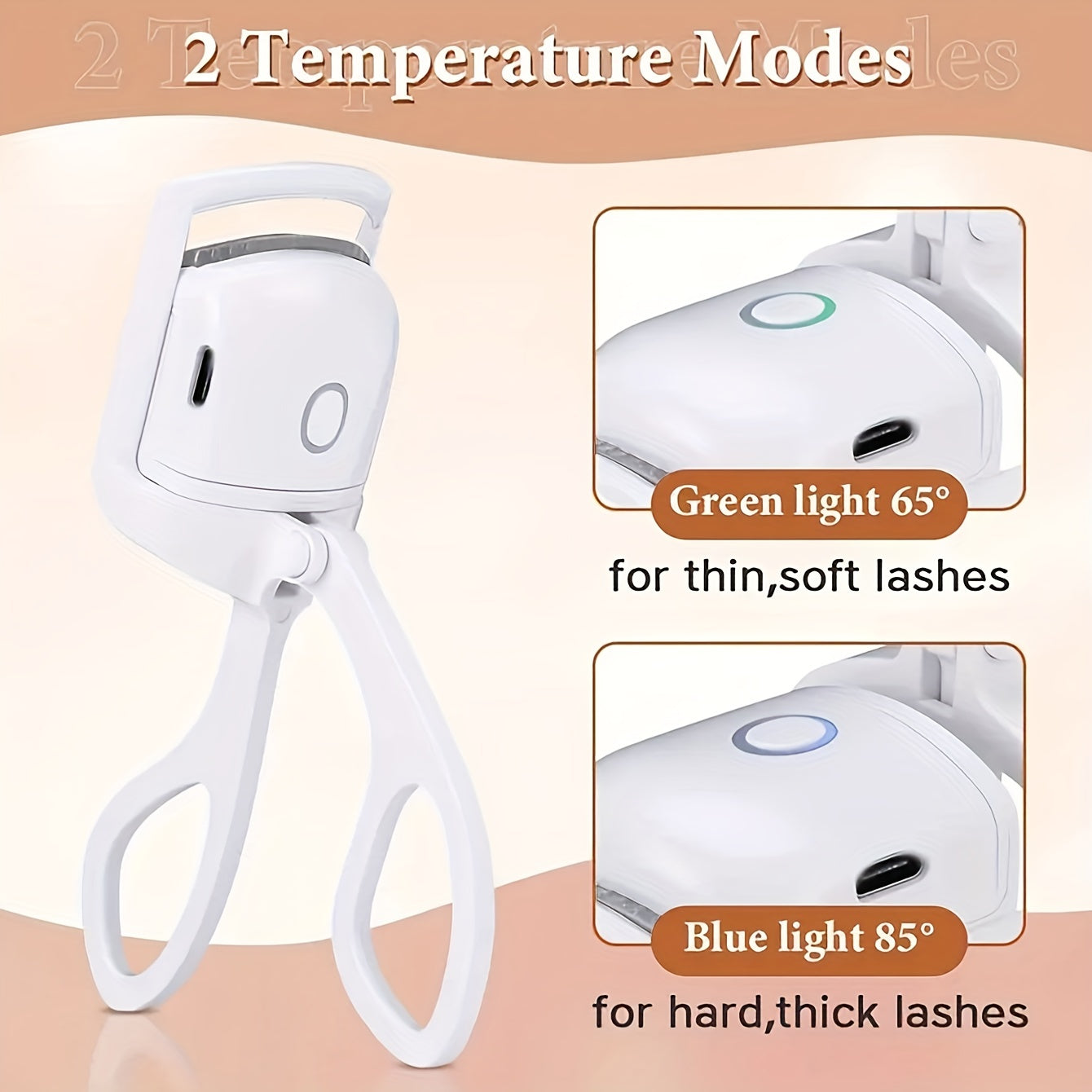White lash extension tool with temperature modes for thin and thick lashes.