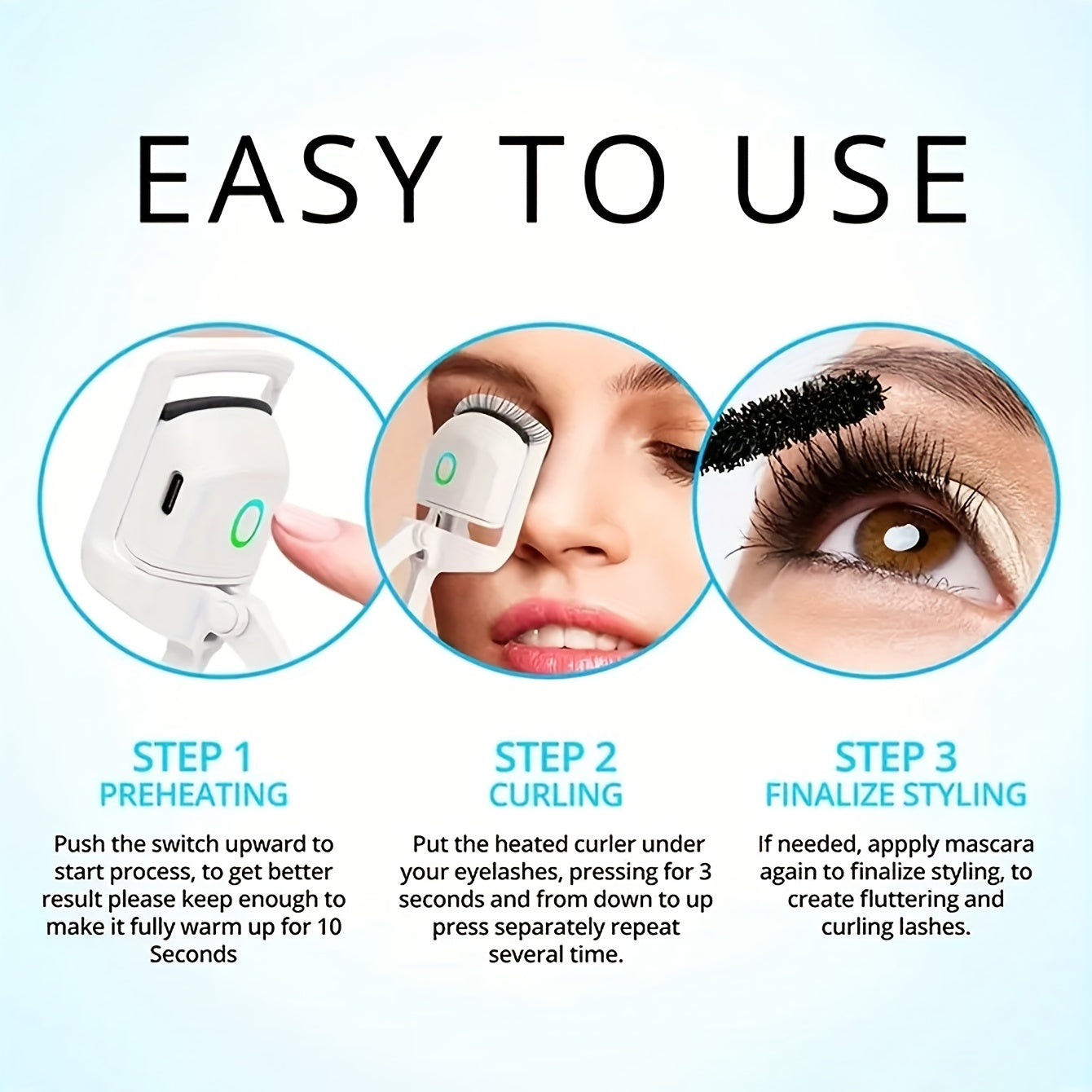 Instructions for using a eyelash curler with close-up images and text.