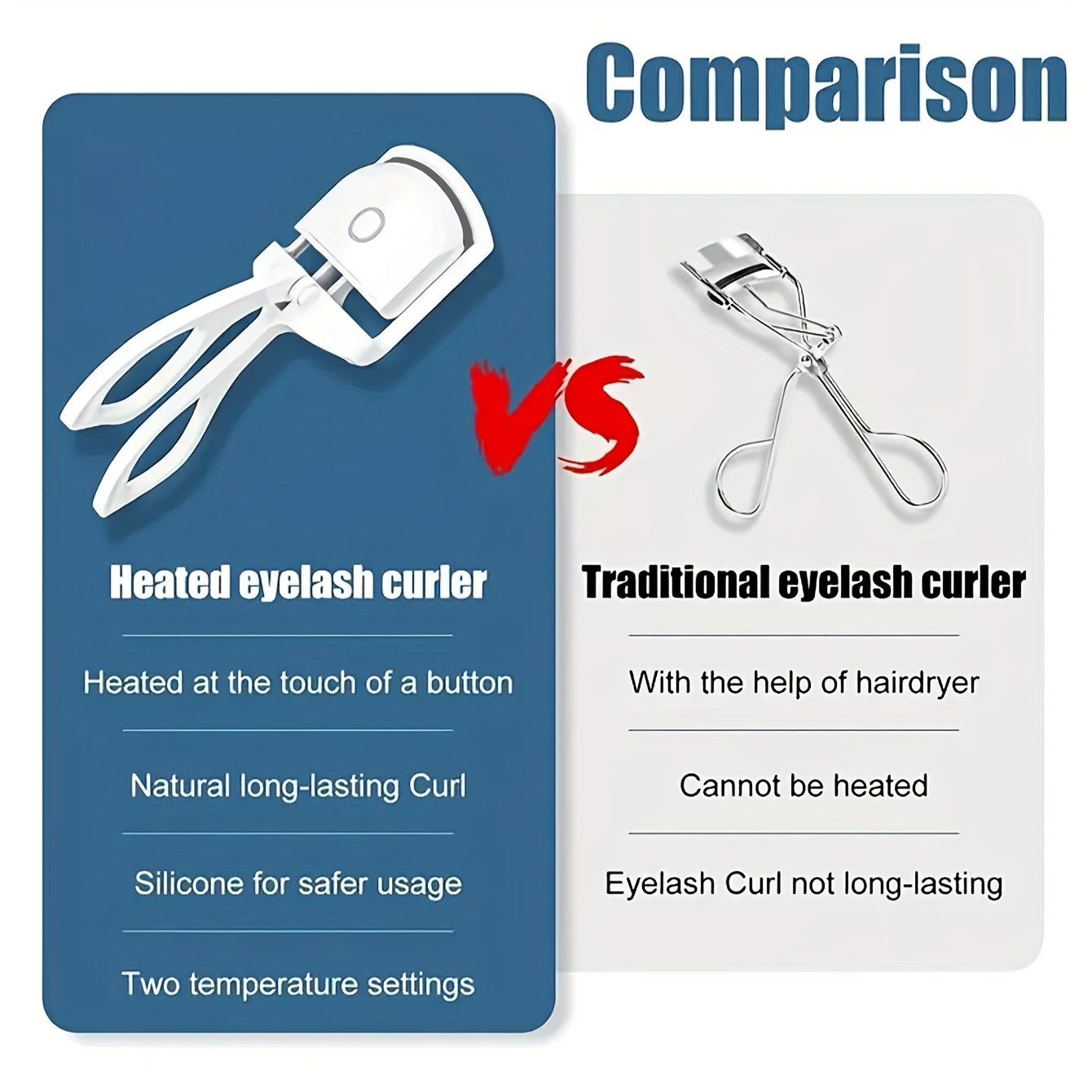 Comparison between heated and traditional eyelash curlers with features listed.