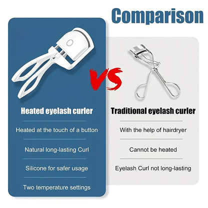 Comparison between heated and traditional eyelash curlers with features listed.